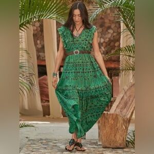 Sundance Mystical Mosaics Green Boho Tiered Ruffle Cotton Maxi Dress Size Medium